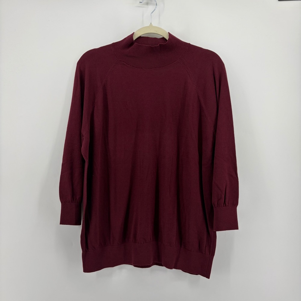 Talbots Womens 2X Burgundy Mock Neck Sweater Cotton Rayon 3/4 Raglan Sleeve